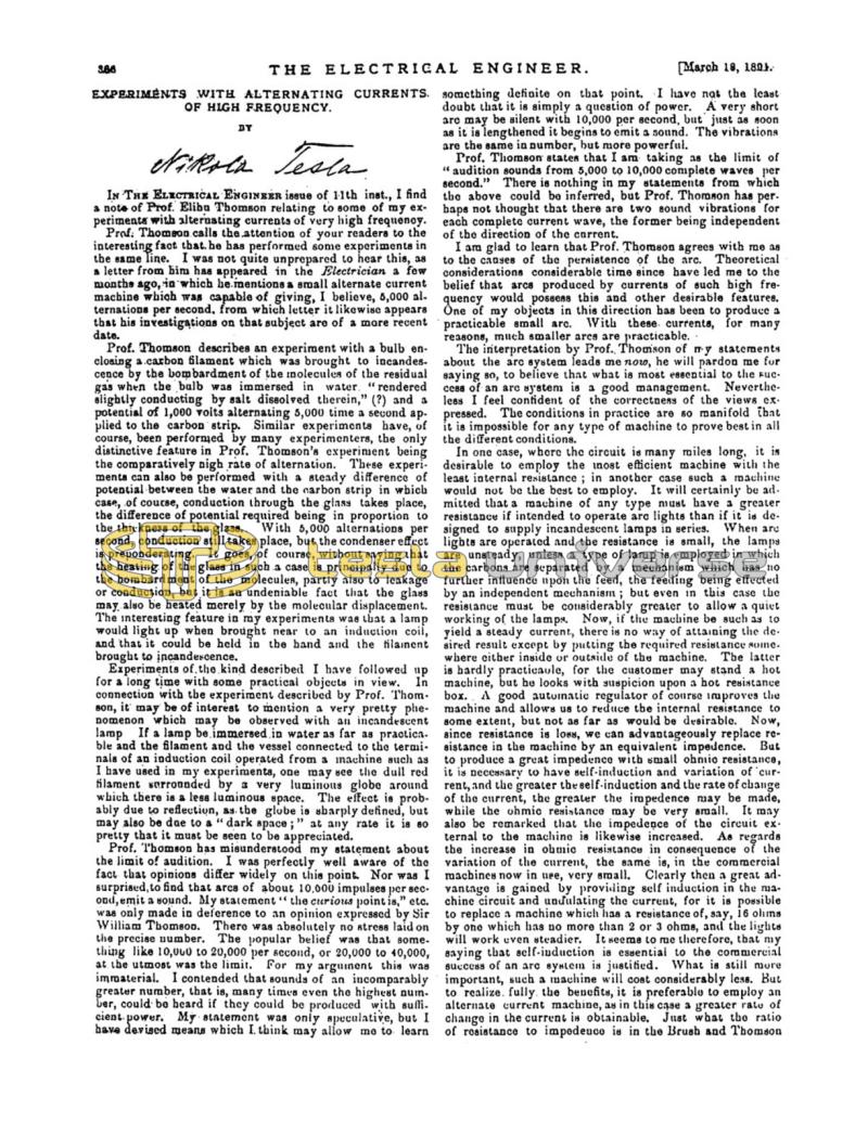 Preview of Experiments with Alternating Currents of High Frequency article