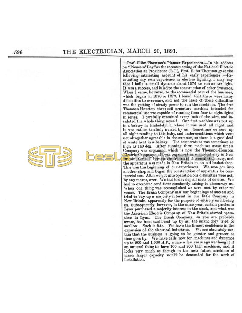 Preview of Prof. Elihu Thomson’s Pioneer Experiences article