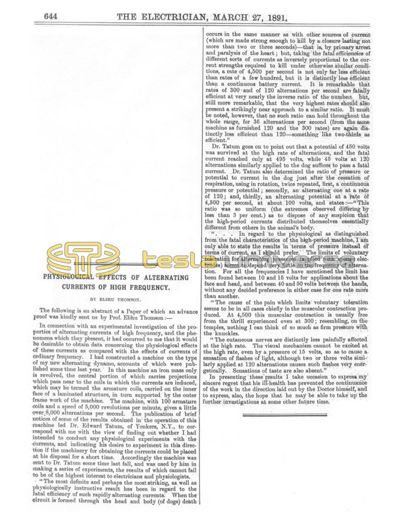Preview of Physiological Effects of Alternating Currents of High Frequency article