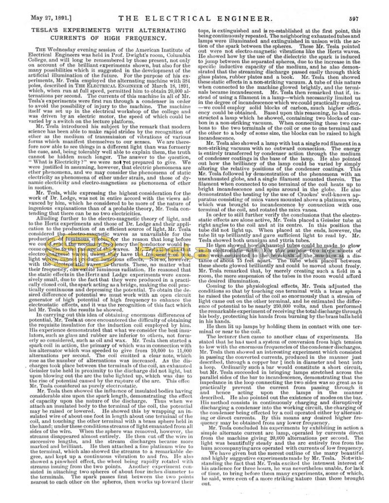Preview of Tesla's Experiments With Alternating Currents of High Frequency article