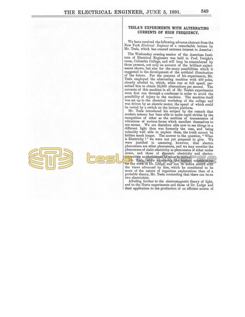 Preview of Tesla's Experiments with Alternating Currents of High Frequency (reprint) article