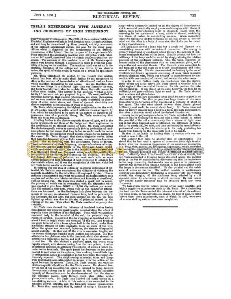 Preview of Tesla's Experiments With Alternating Currents of High Frequency (reprint 2) article