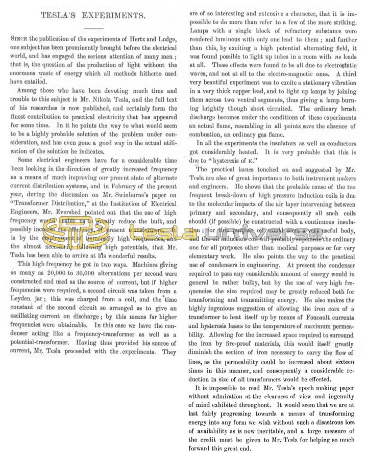 Preview of Tesla's Experiments - Editorial on Lecture article