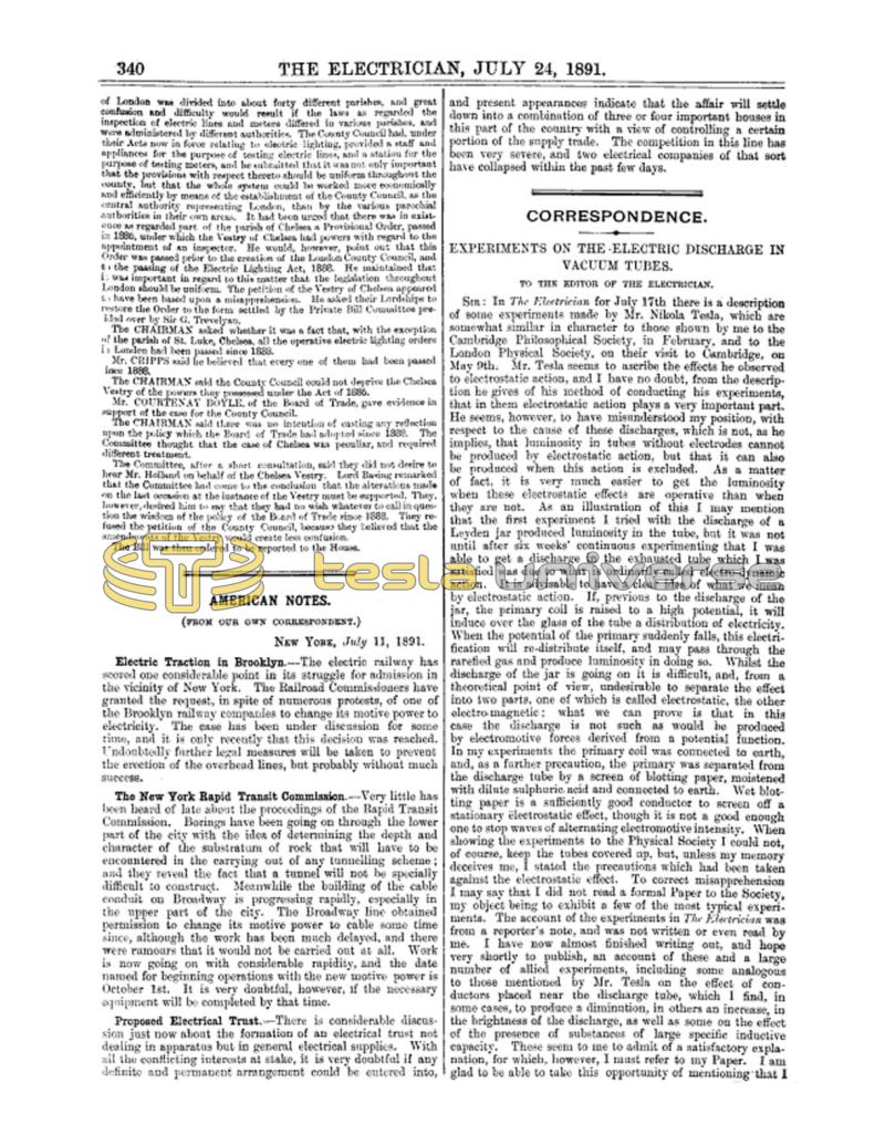 Preview of Correspondence: Experiments on the Electric Discharge in Vacuum Tubes article