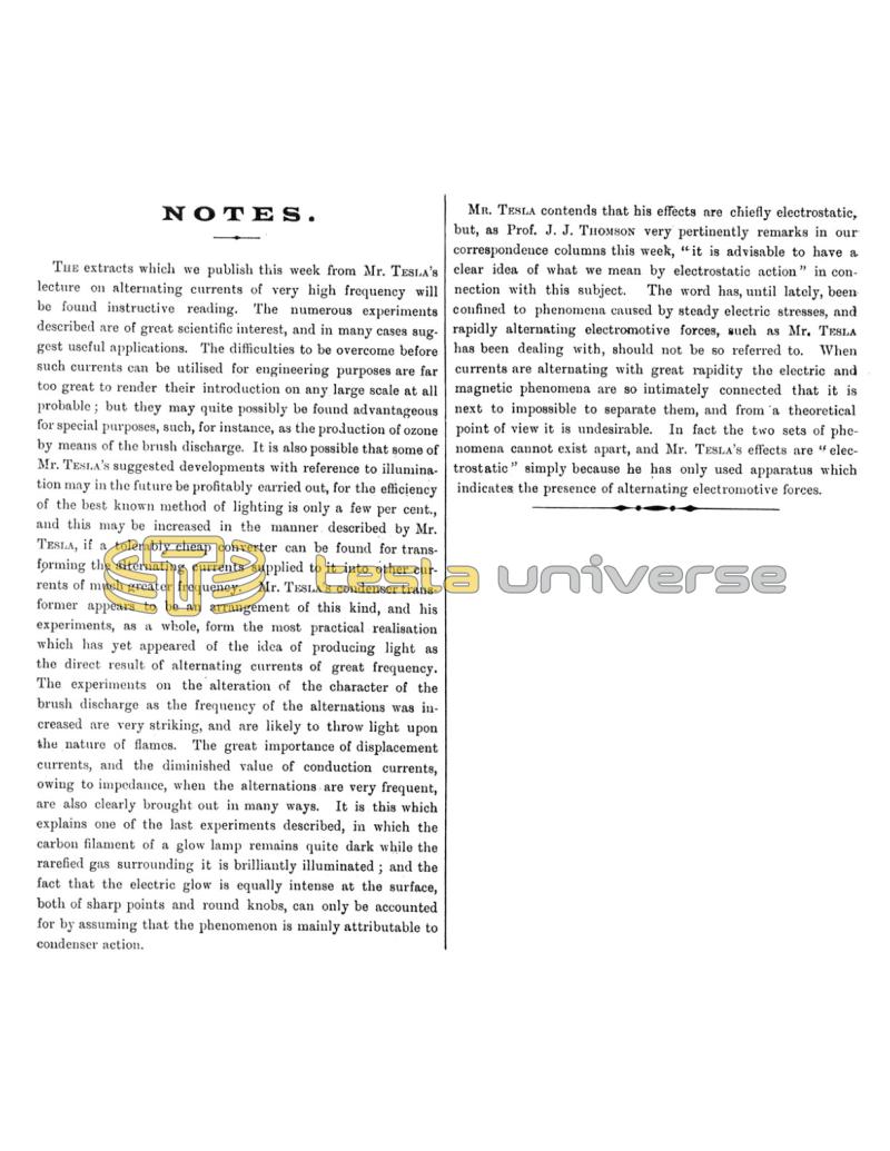 Preview of Notes on Mr. Tesla's Lecture on Alternating Currents of Very High Frequency article