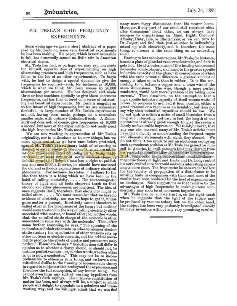 Preview of Mr. Tesla’s High Frequency Experiments article