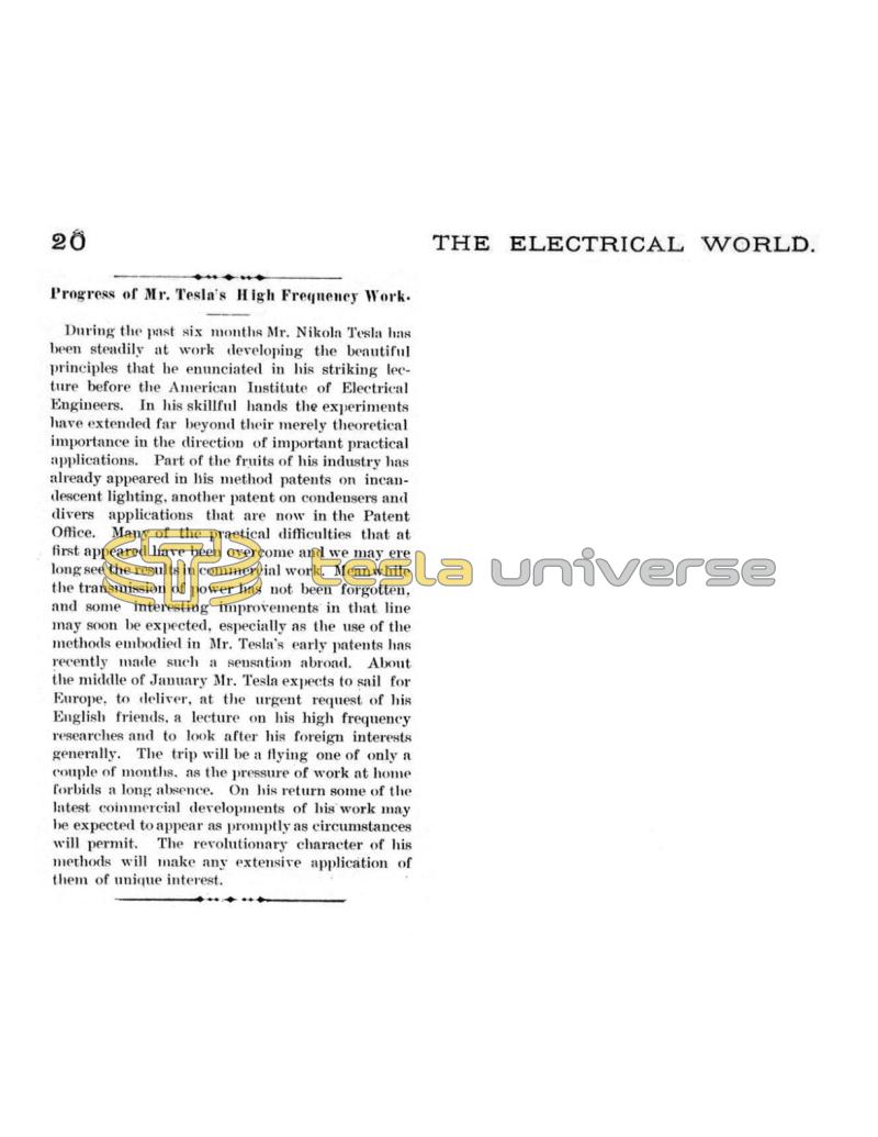 Preview of Progress of Mr. Tesla's High Frequency Work article