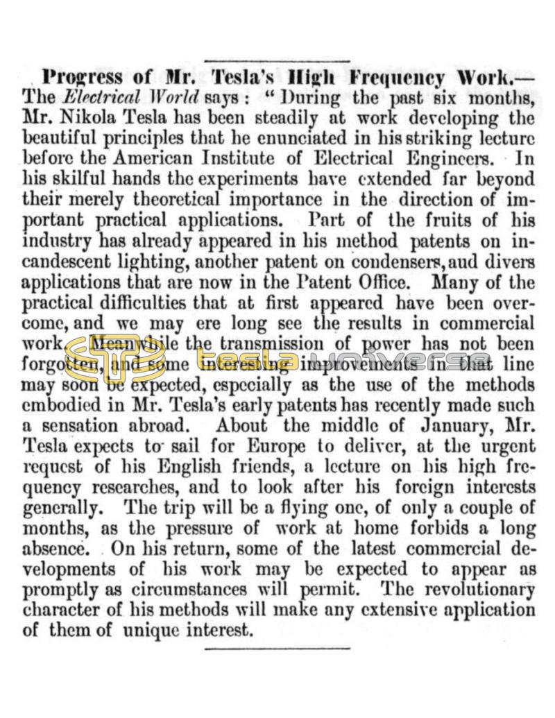 Preview of Progress of Mr. Tesla's High Frequency Work article