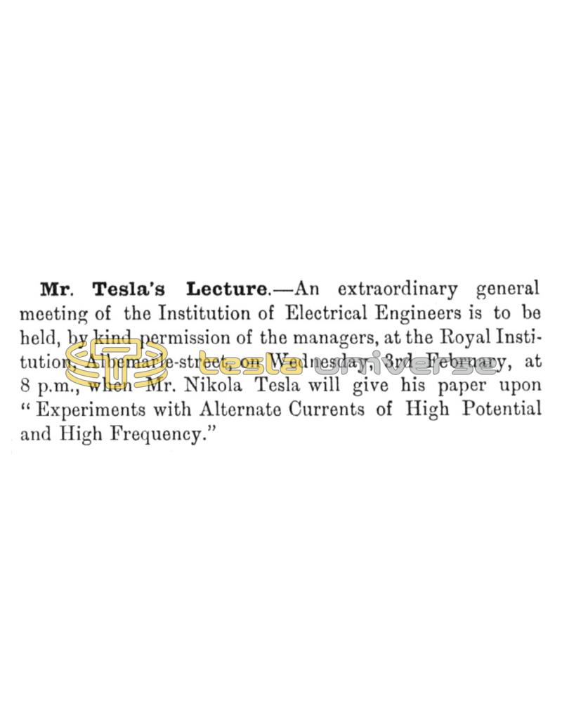 Preview of Mr. Tesla to Lecture at the General Meeting of the Institution of Electrical Engineers article