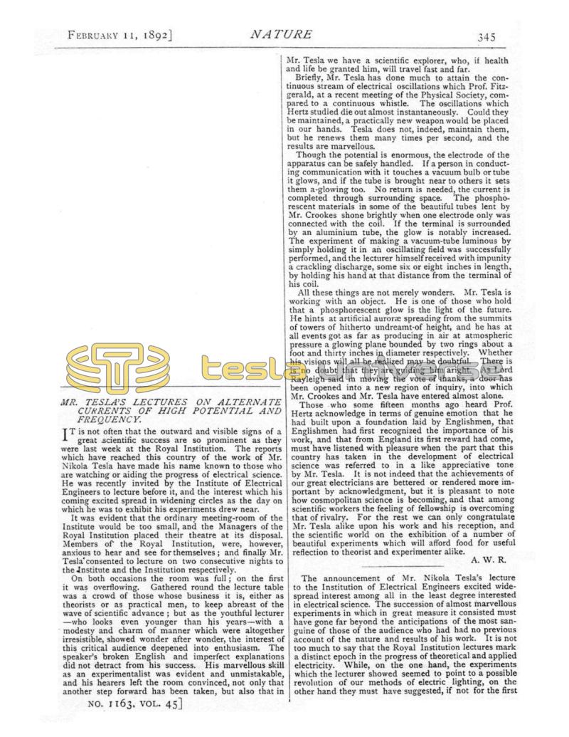 Preview of Mr. Tesla's Lectures on Alternate Currents of High Potential and Frequency article