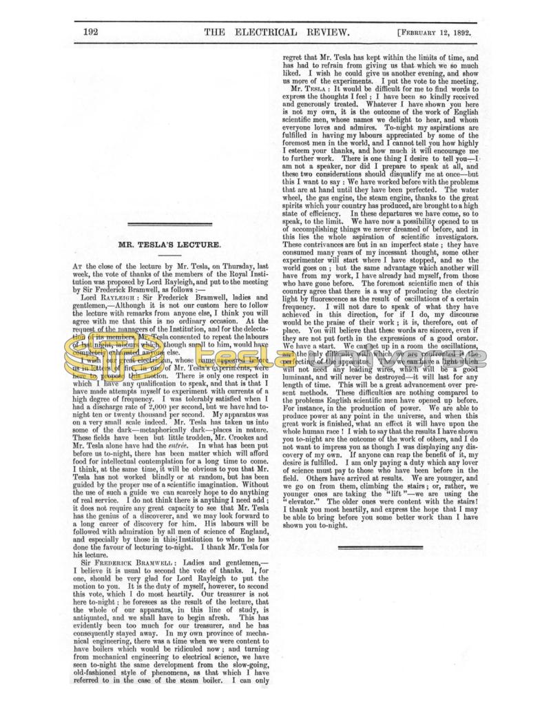 Preview of Mr. Tesla's Lecture at the Royal Institution article
