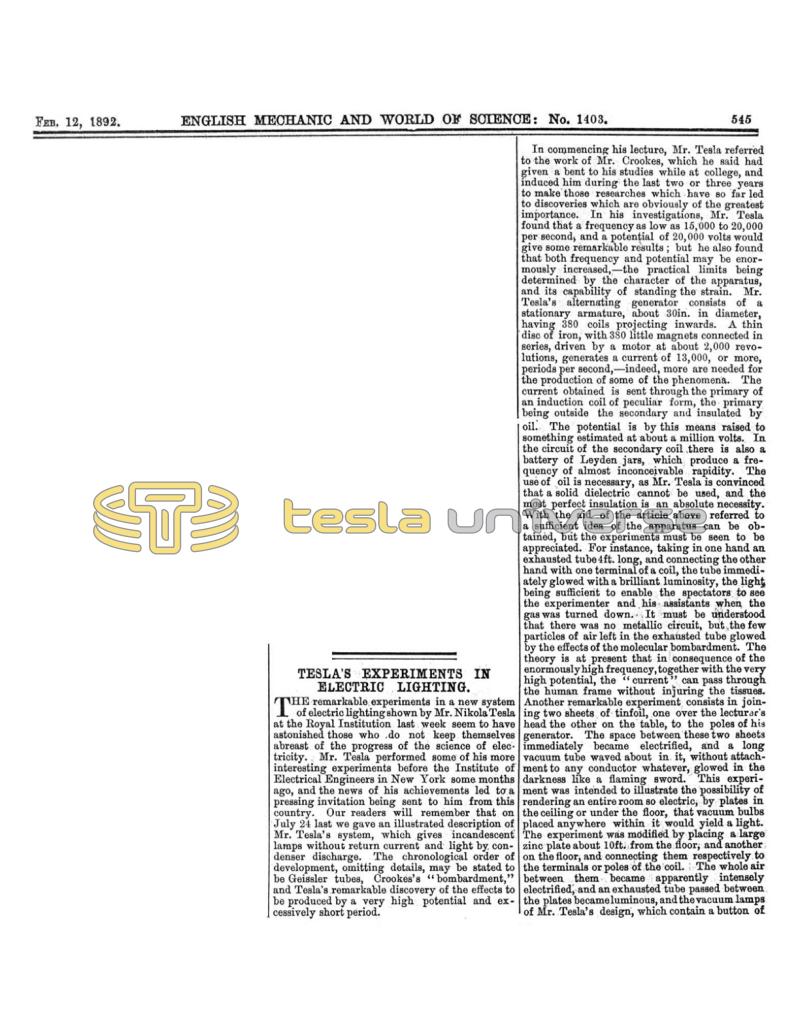 Preview of Tesla's Experiments in Electric Lighting article