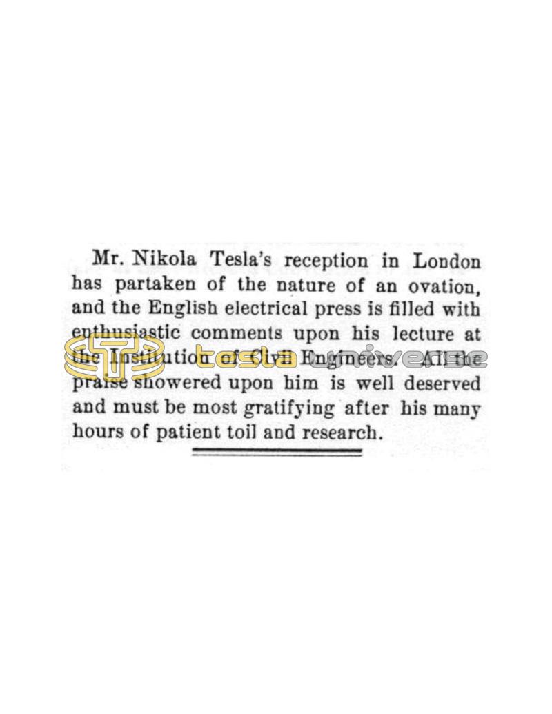 Preview of Announcement Regarding Nikola Tesla's Reception in London article