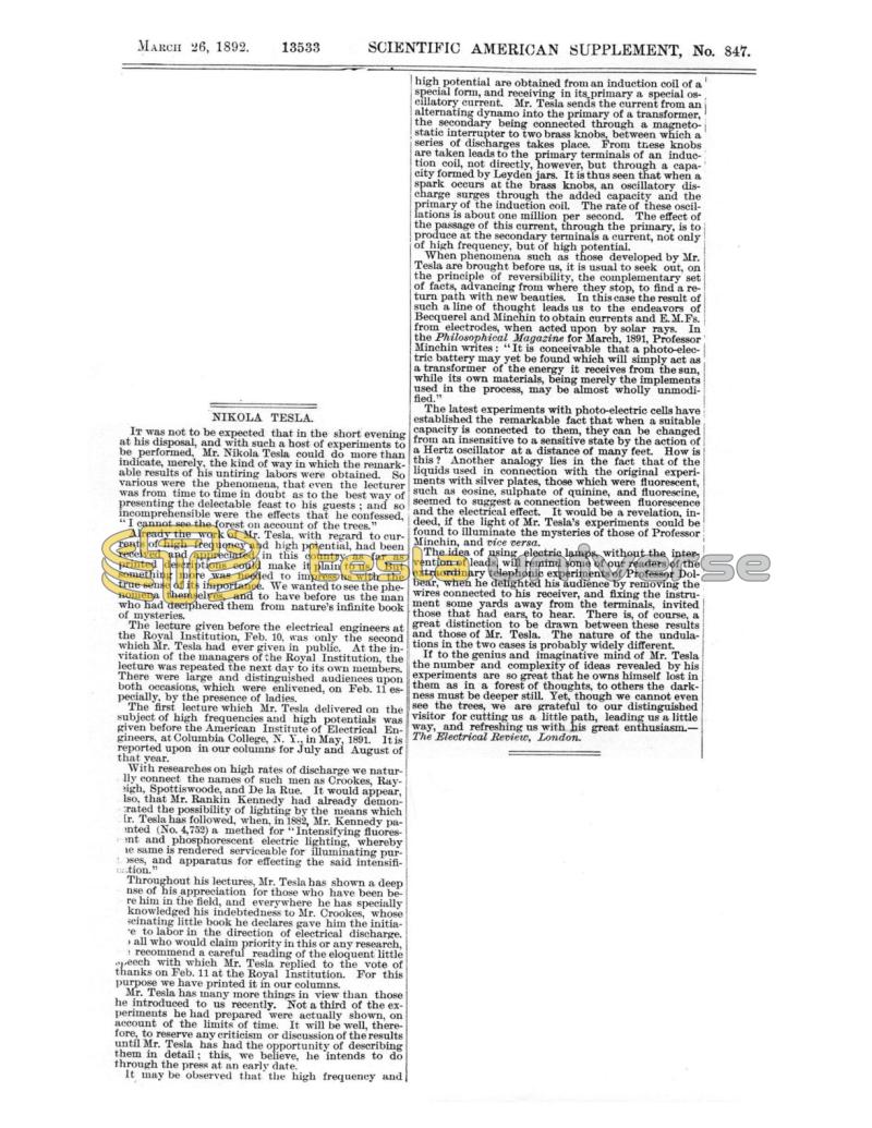 Preview of Nikola Tesla - Notes on Recent Lectures and Experiments article