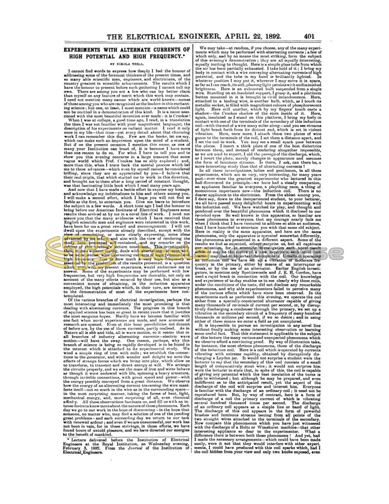 Preview of Experiments with Alternate Currents of High Potential and High Frequency - Part I article