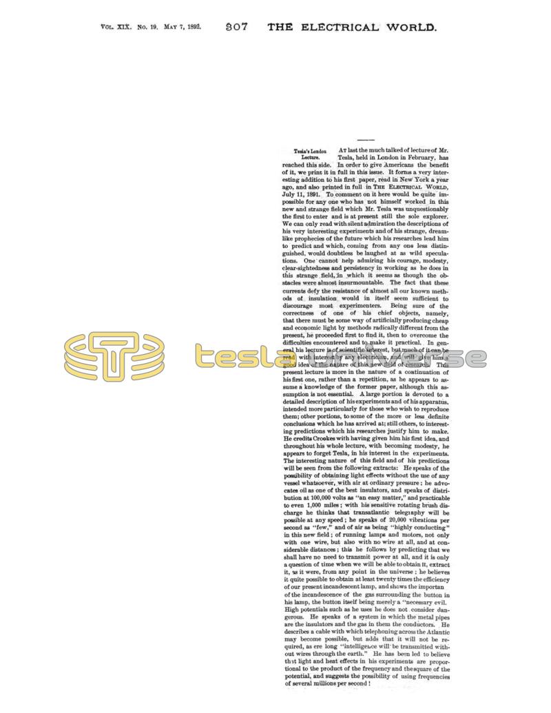 Preview of Tesla's London Lecture article