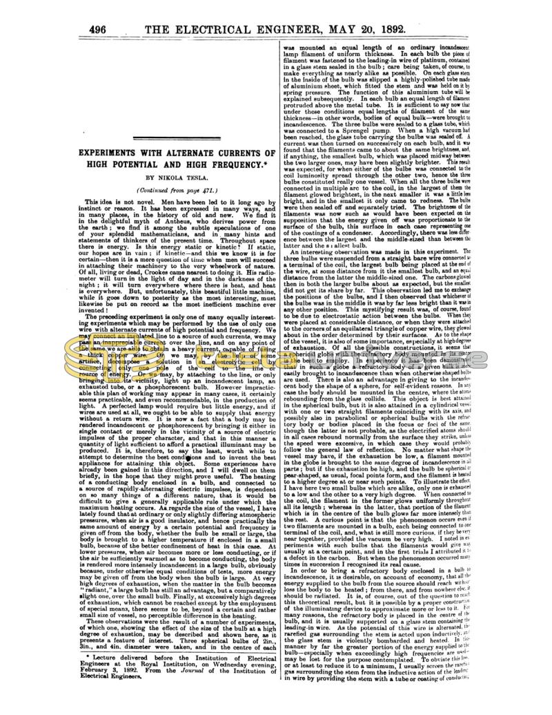 Preview of Experiments with Alternate Currents of High Potential and High Frequency - Part V article