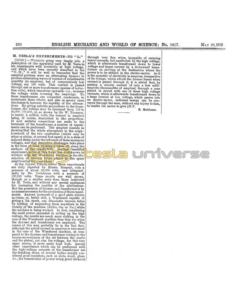 Preview of M. Tesla's Experiments - To "L." article