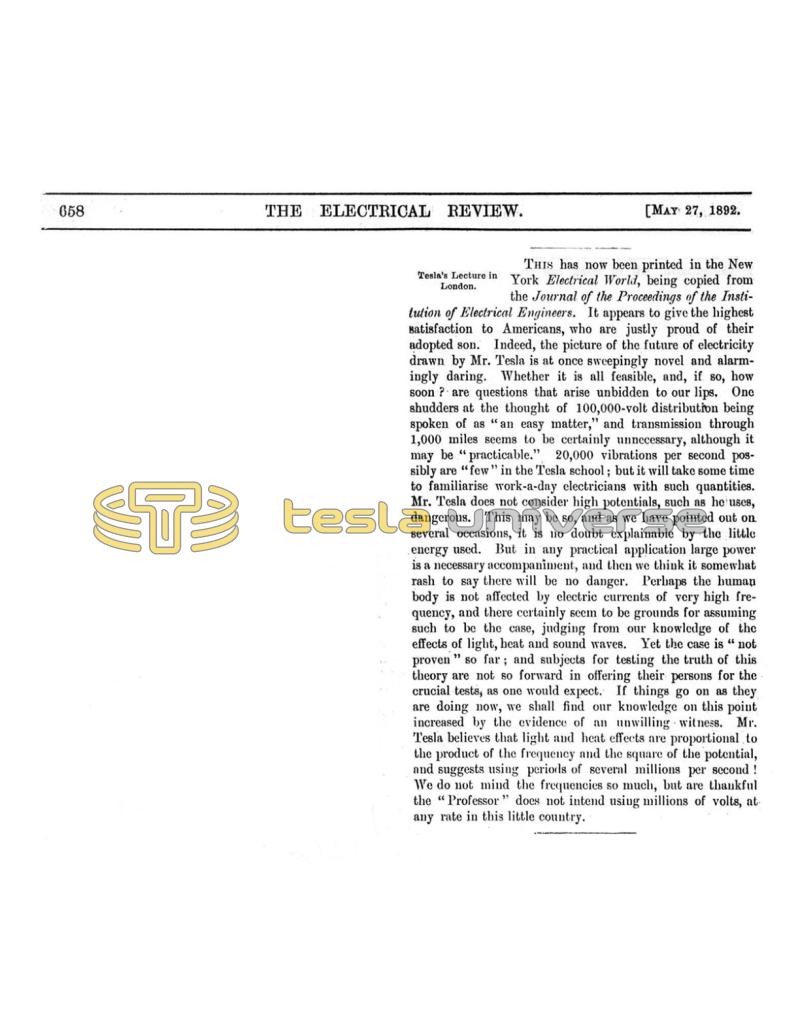 Preview of Tesla's Lecture in London article