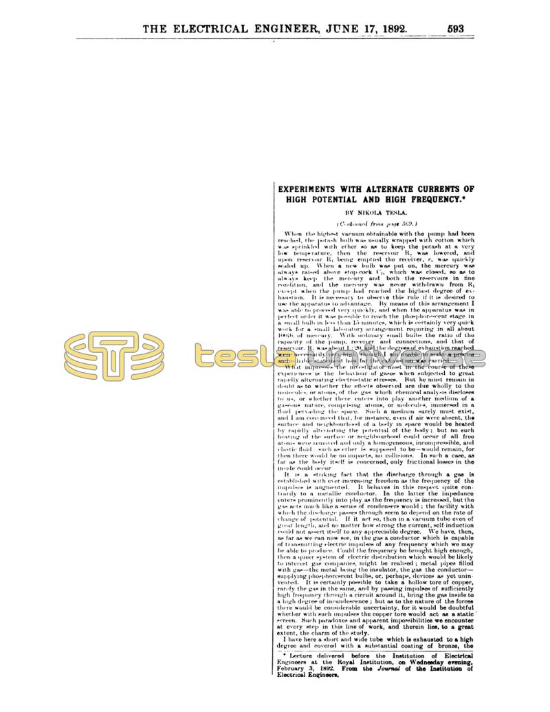 Preview of Experiments with Alternate Currents of High Potential and High Frequency - Part IX article