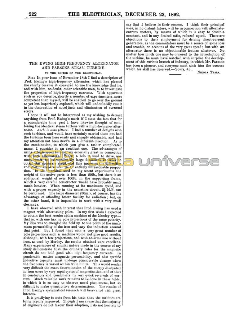 Preview of The Ewing High-Frequency Alternator and Parsons Steam Turbine article