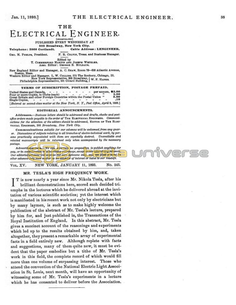 Preview of Mr. Tesla's High Frequency Work article