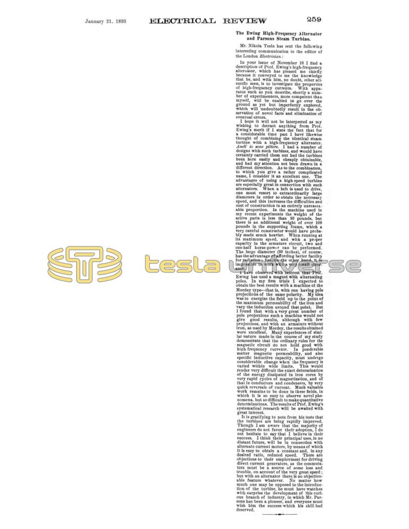Preview of The Ewing High-Frequency Alternator and Parsons Steam Turbine (reprint 1) article