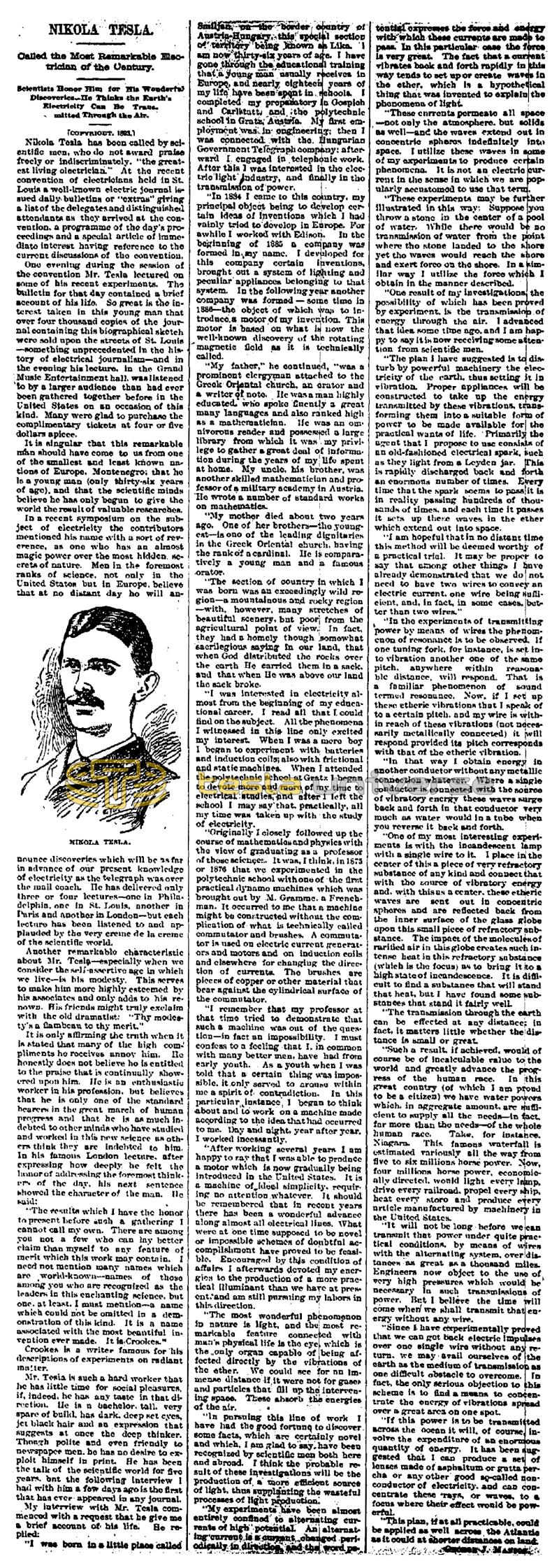 Preview of Nikola Tesla - Called the Most Remarkable Electrician of the Century article