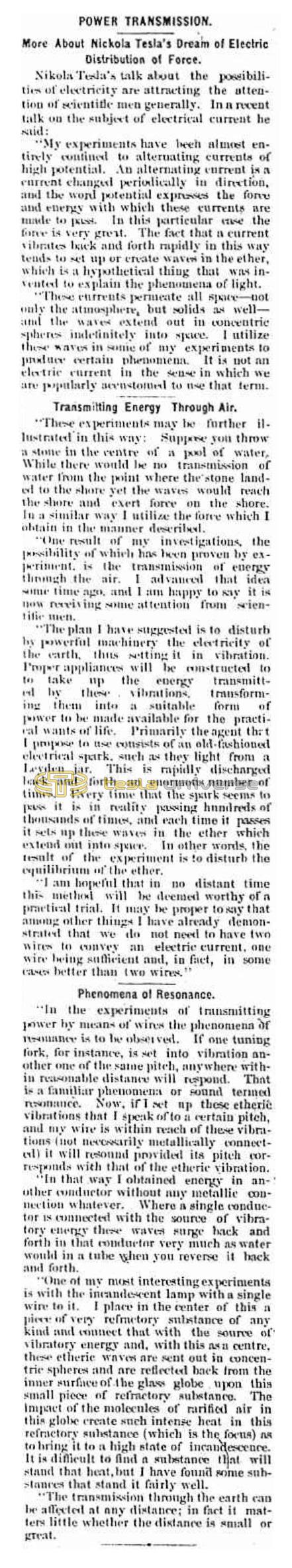 Preview of Power Transmission - More About Nikola Tesla's Dream of Electric Distribution of Force article