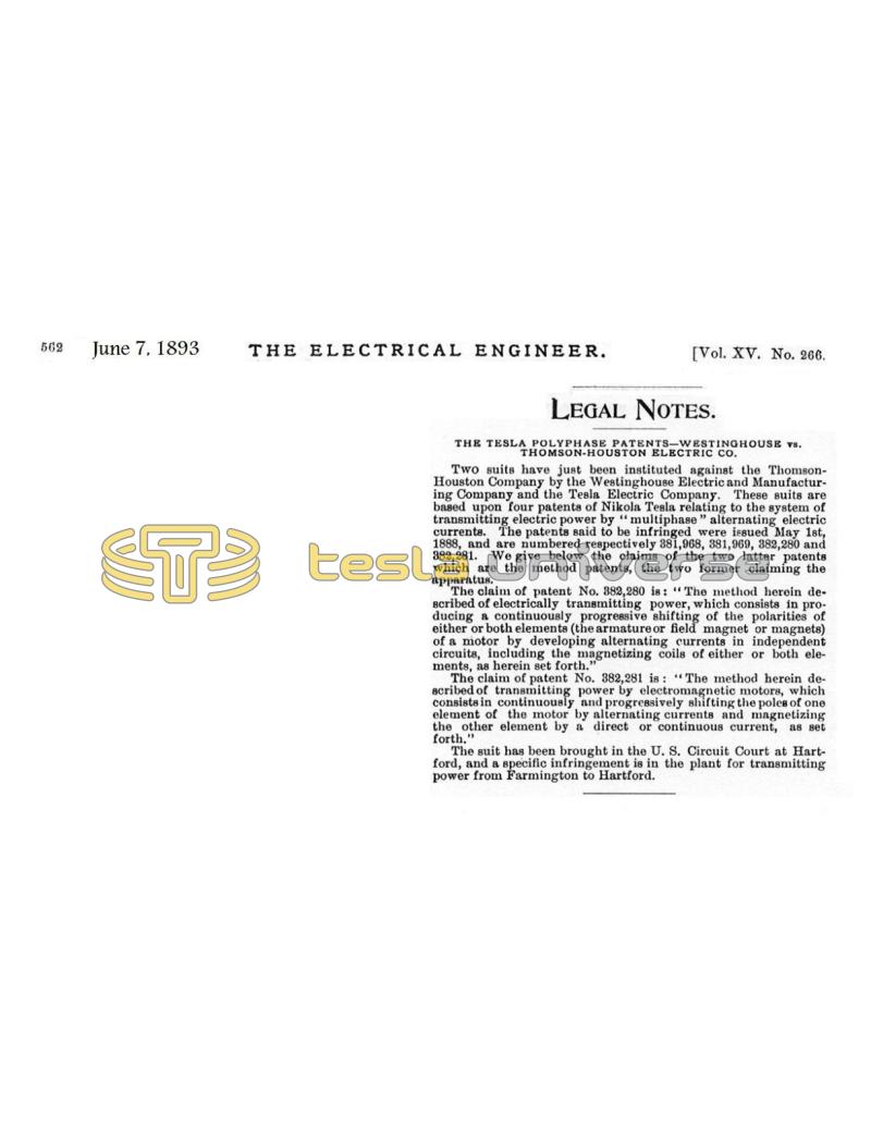 Preview of Tesla Polyphase Patents - Westinghouse vs. Thomson-Houston Electric Co. article