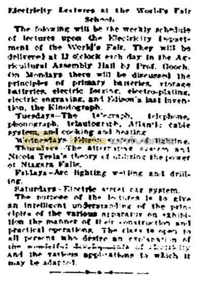 Preview of Electricity Lectures at the World's Fair School article
