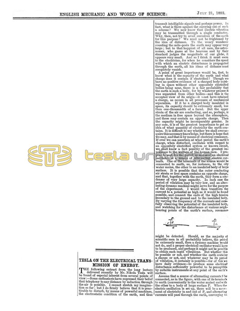 Preview of Tesla on the Electrical Transmission of Energy article