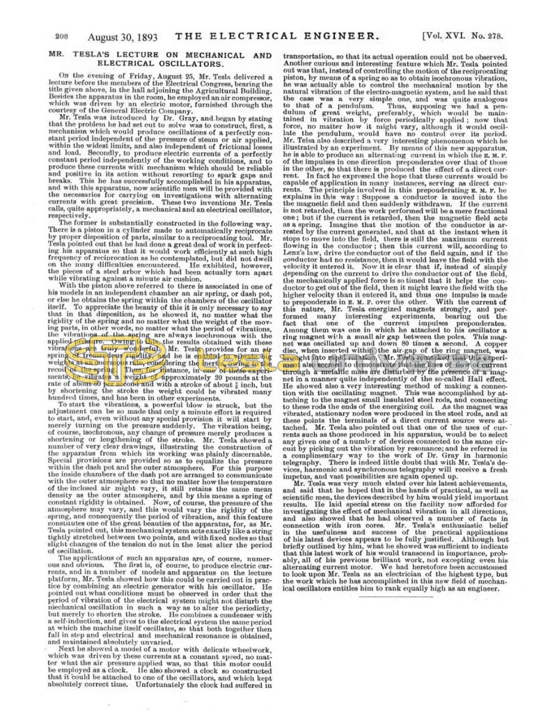 Preview of Mr. Tesla's Lecture on Mechanical and Electrical Oscillators article