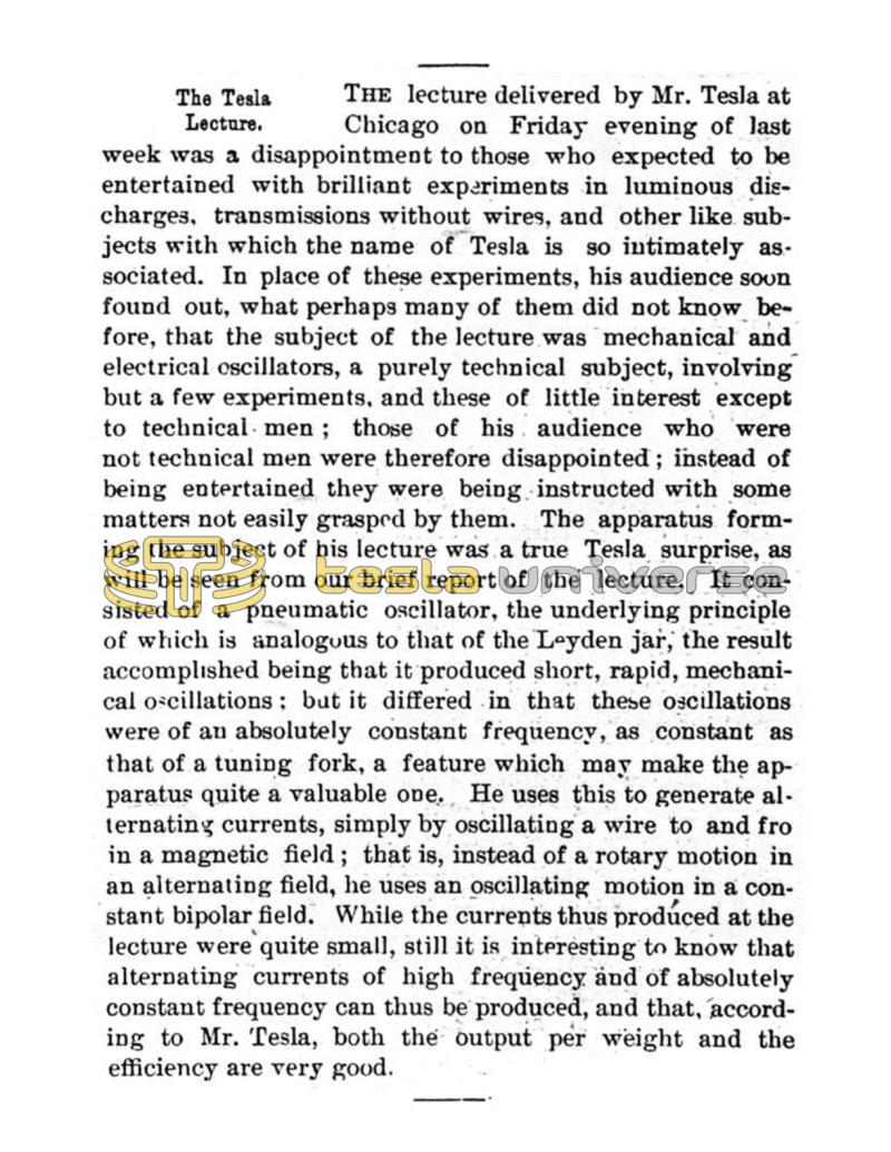 Preview of Editorial Comments Regarding the Nikola Tesla Lecture in Chicago article