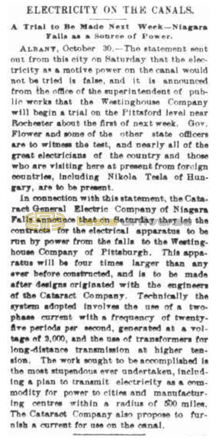 Preview of Electricity on the Canals - A Trial to Be Made Next Week - Niagara Falls as a Source of Power article