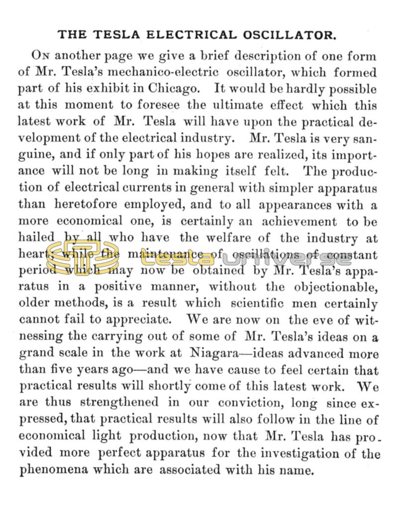 Preview of The Tesla Electrical Oscillator - Editorial (Nov. 11, 1893) article