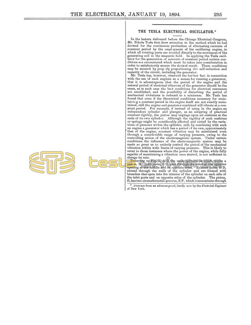 Preview of The Tesla Electrical Oscillator (Jan. 10, 1894) (reprint) article