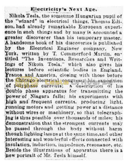 Preview of Tesla's Electrical Openings - Electricity's Next Age article