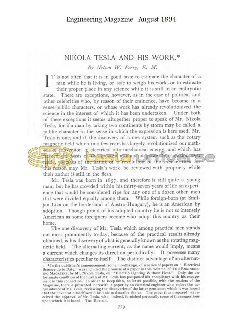 Preview of Nikola Tesla and His Work * (by Nelson W. Perry, E. M.) article