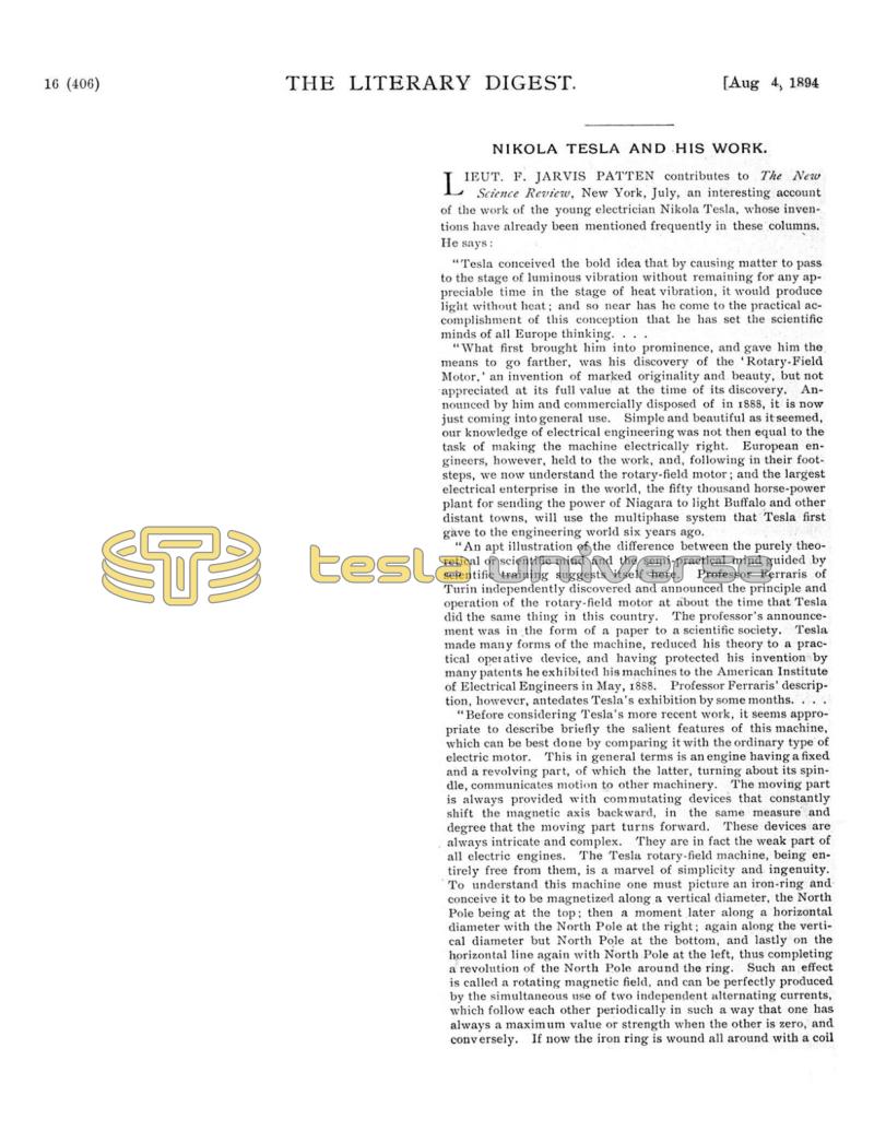 Preview of Nikola Tesla and His Work (by Lieut. F. Jarvis Patten - condensed reprint) article