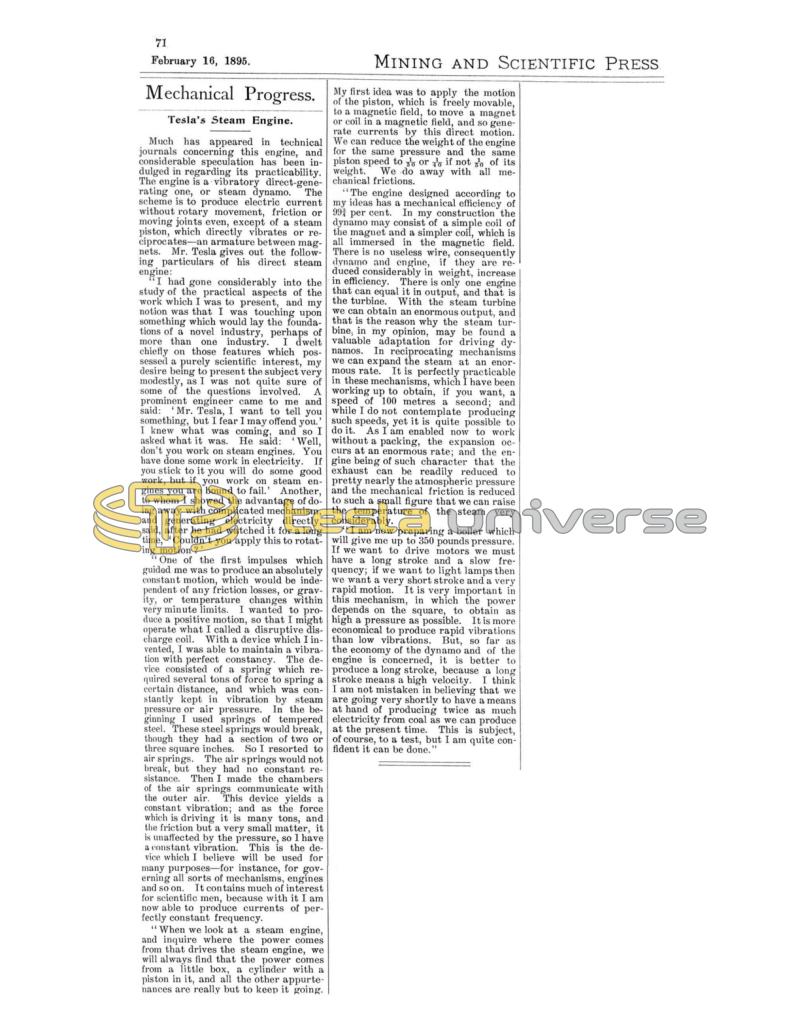 Preview of Mechanical Progress - Tesla's Steam Engine article