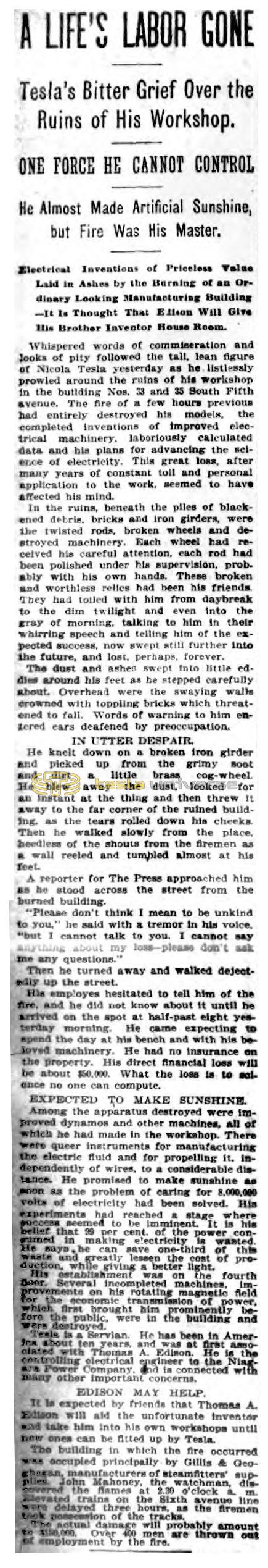 Preview of A Life's Labor Gone - Tesla's Bitter Grief Over the Ruins of His Workshop article