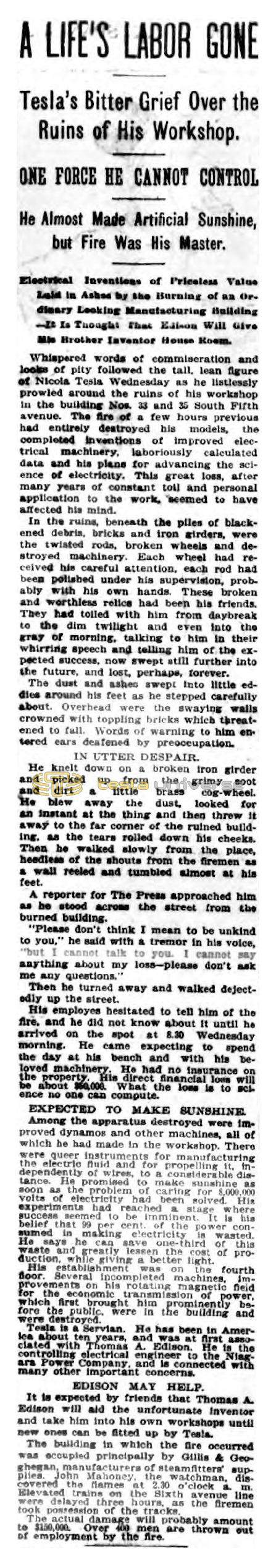 Preview of A Life's Labor Gone - Tesla's Bitter Grief Over the Ruins of His Workshop (reprint) article
