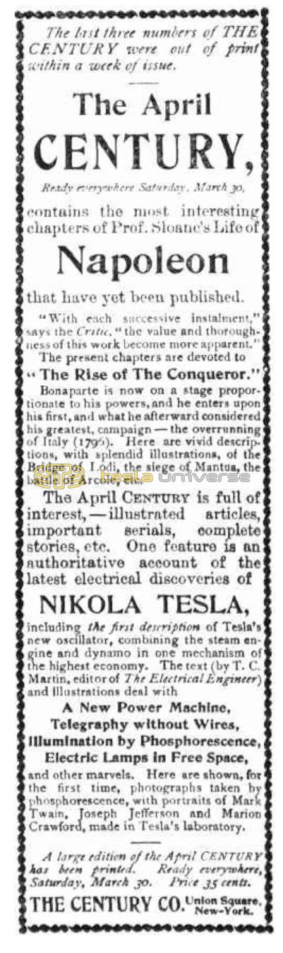 Preview of Announcement of Nikola Tesla Article in April, 1895 Issue of Century Magazine article