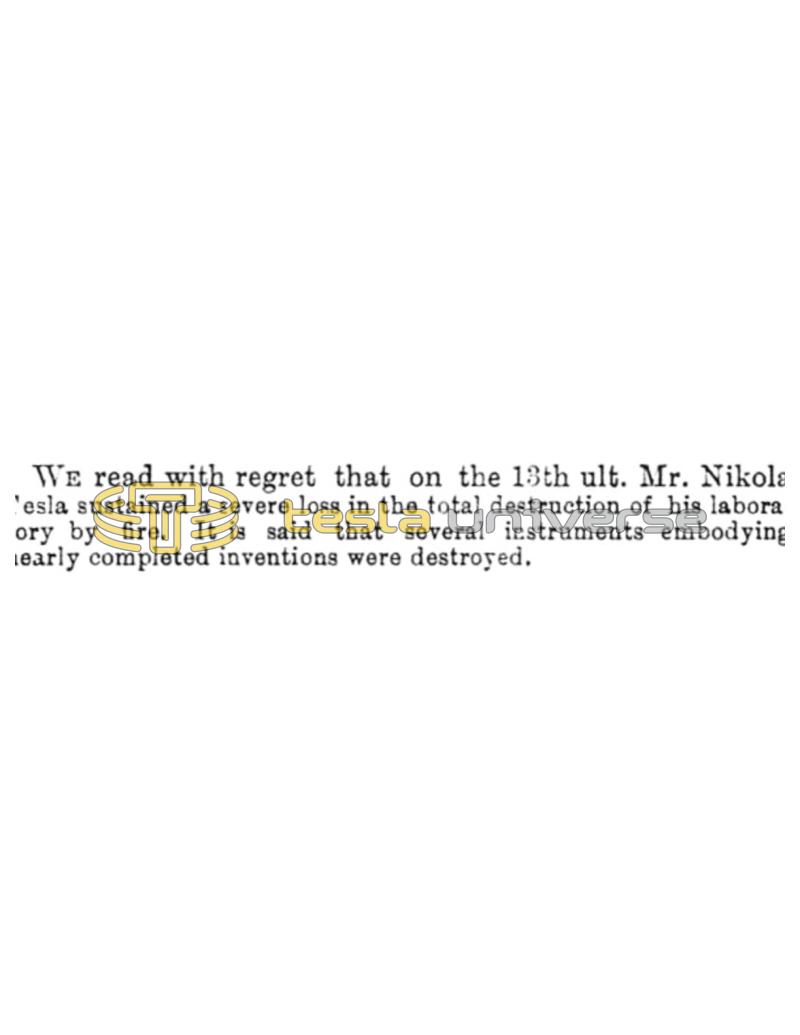 Preview of Announcement of Fire at Nikola Tesla's Laboratory article