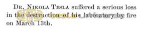 Preview of Notice of Fire at Tesla's Laboratory article