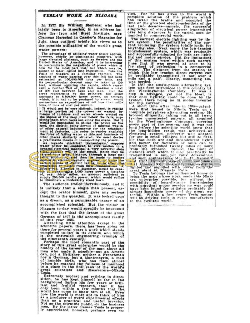 Preview of Nikola Tesla's Work at Niagara article