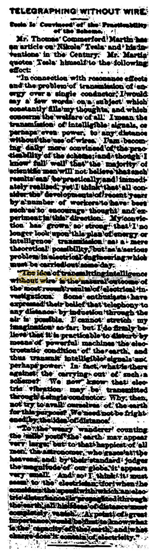 Preview of Telegraphing Without Wire (Sep. 8, 1895) article