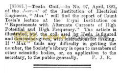 Preview of Tesla Coil - Information on Coil Used by Tesla in his Lectures article