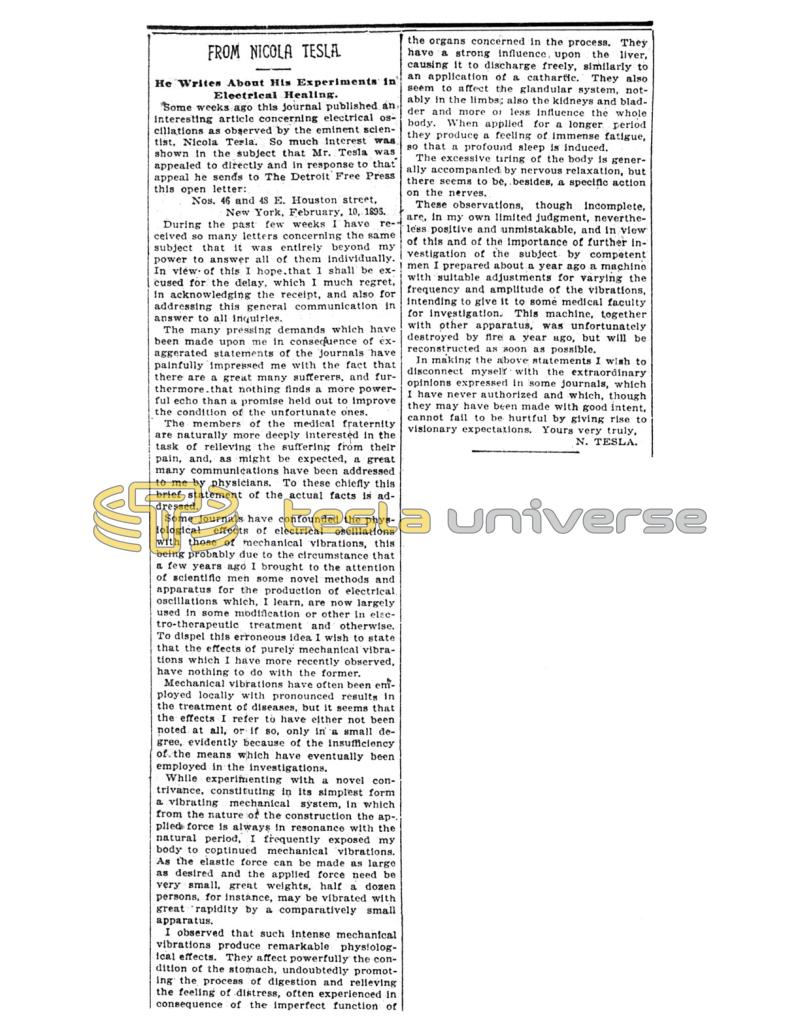 Preview of From Nikola Tesla - He Writes About His Experiments in Electrical Healing article
